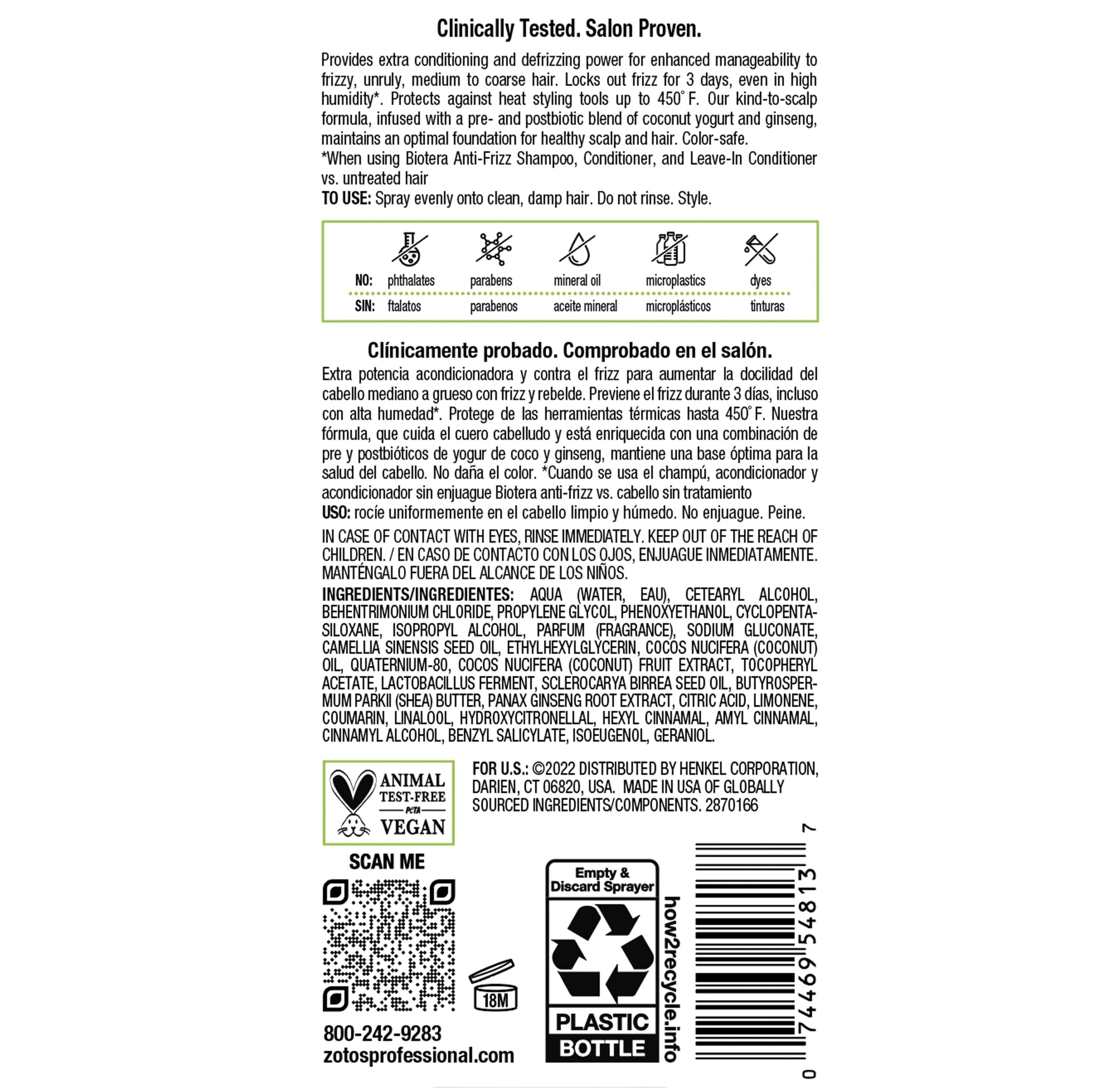 Back of bottle image for Biotera anti frizz leave in conditioner