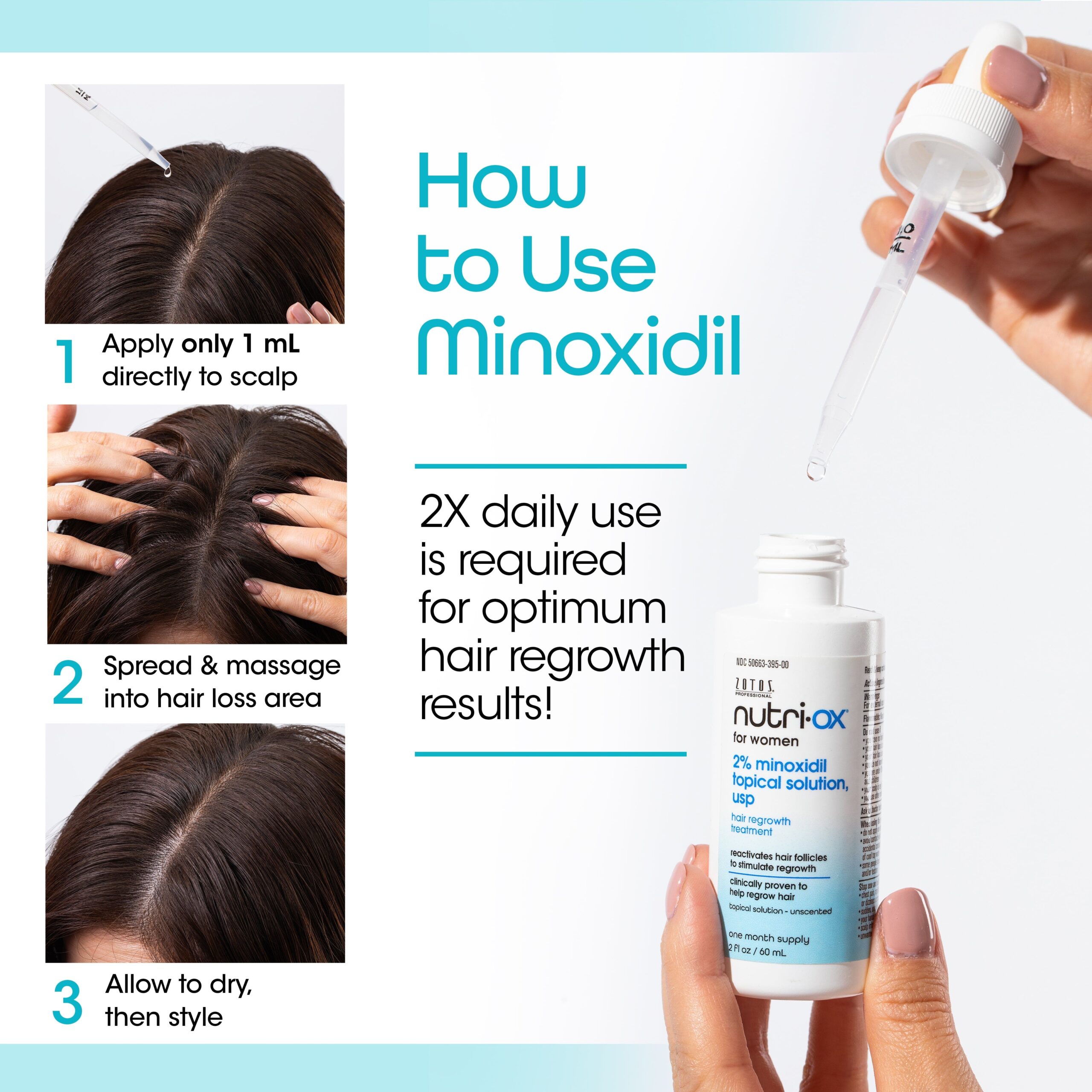 How to use Minoxidil: Step 1: Apply only 1 mL directly to scalp. Step 2: Spread and massage into hair loss area. Step 3: Allow to dry, then style. 2X daily use is required for optimum hair regrowth results.
