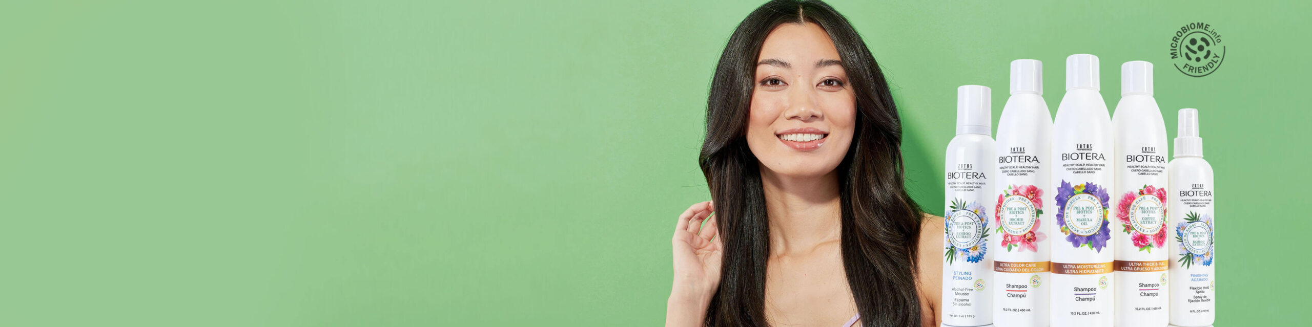 Shiny, Straight hair model with Biotera products