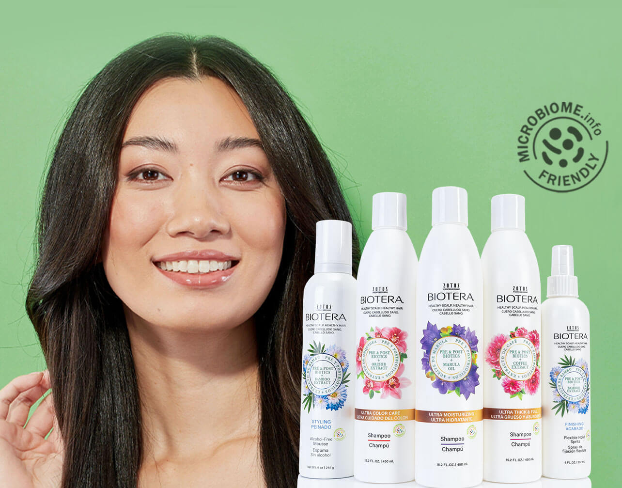 Shiny, Straight hair model with Biotera products